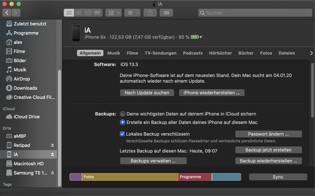iPhone Backups mit dem Finder in MacOS Catalina.