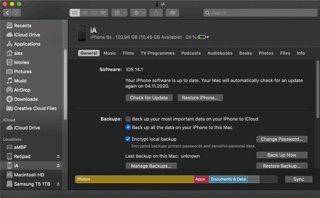 iPhone Backups with Finder in MacOS Catalina.